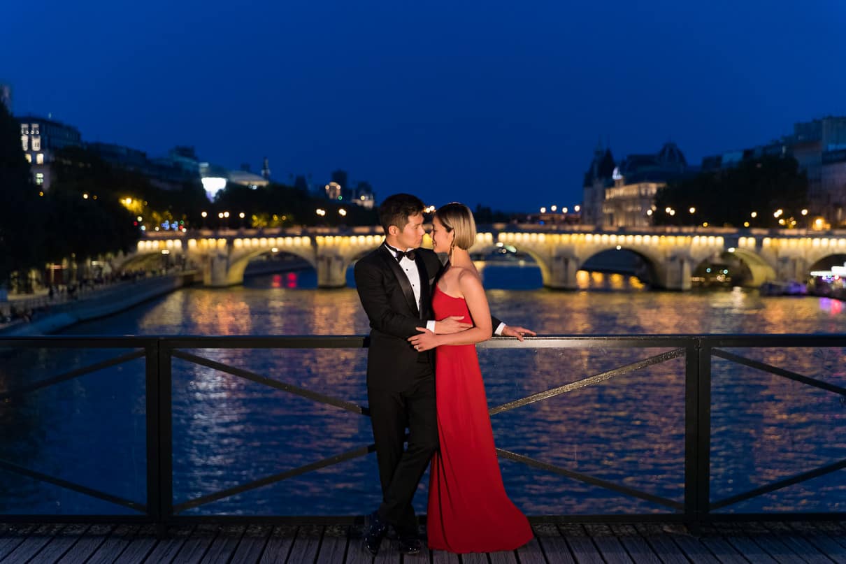 Paris photographer paris engagement photos Seine River Blue Hour