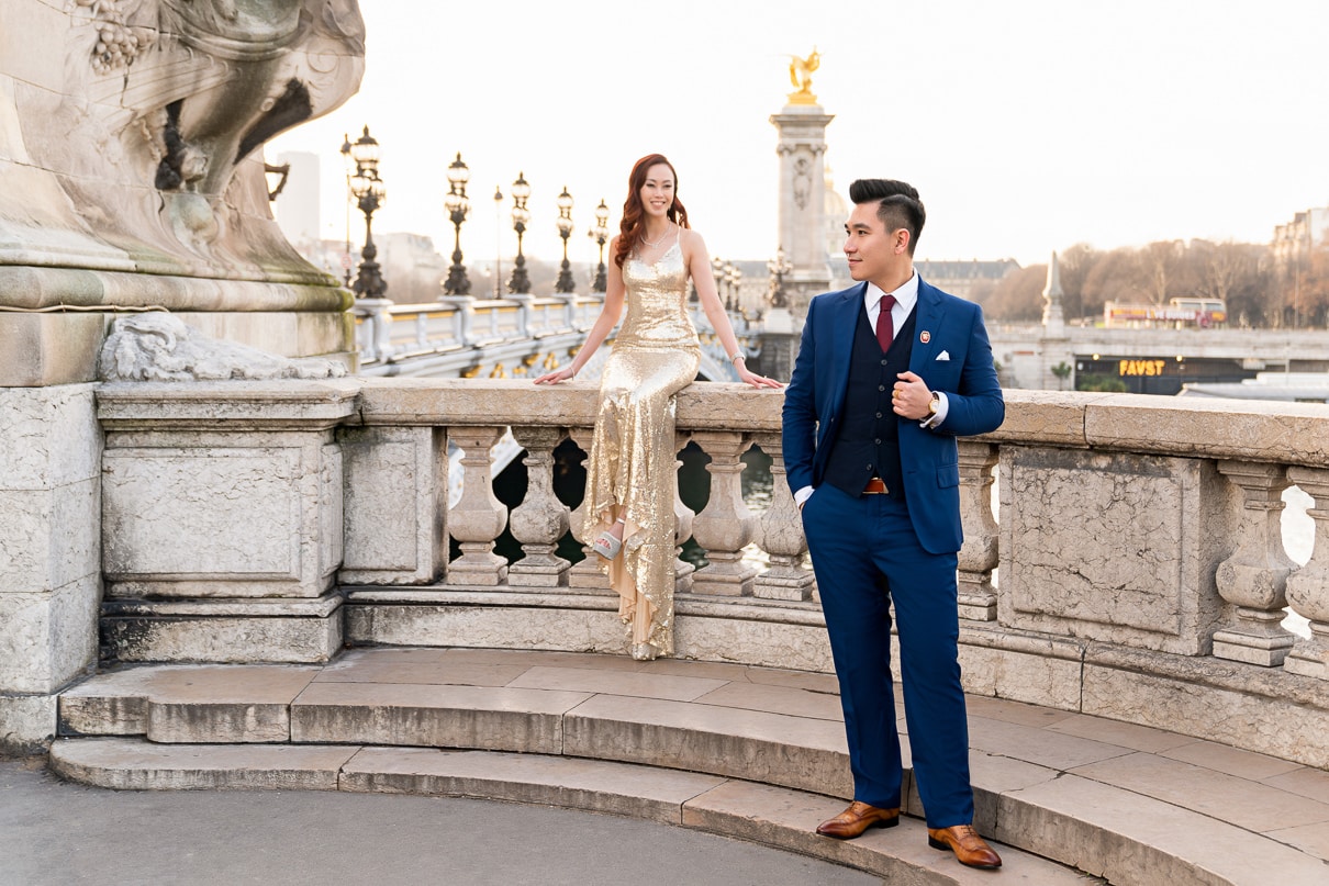 Paris photographers Engagement photos at Alexander III Bridge